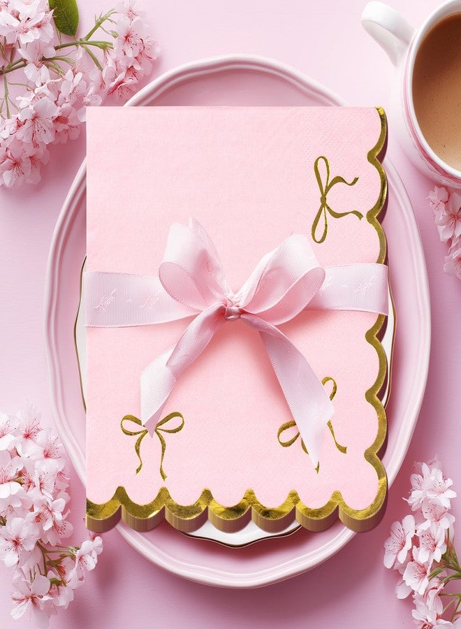 ARQRHTLY 150 Pcs Gold Bow Pink Napkins, Pink Cocktail Napkin with Gold Foil Scalloped Edges 6.5 X 6.5 Inch, Bow Paper Cocktail Napkin for Bachelorette Bridal Party Decor Girls Birthday Baby Shower Supplies - Image 3